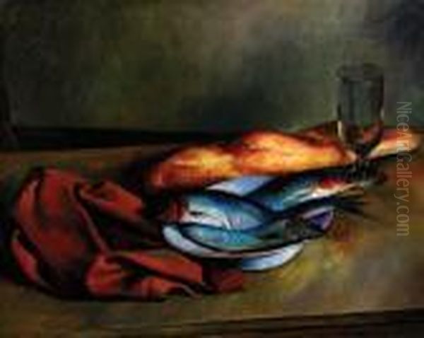 Still Life With Mackerel Oil Painting by Bernard Meninsky