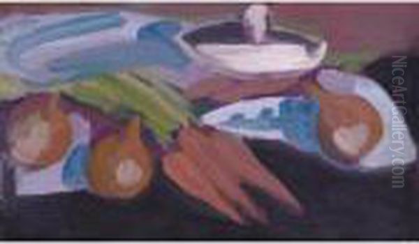 Still Life With Onions And Carrots Oil Painting by Bernard Meninsky