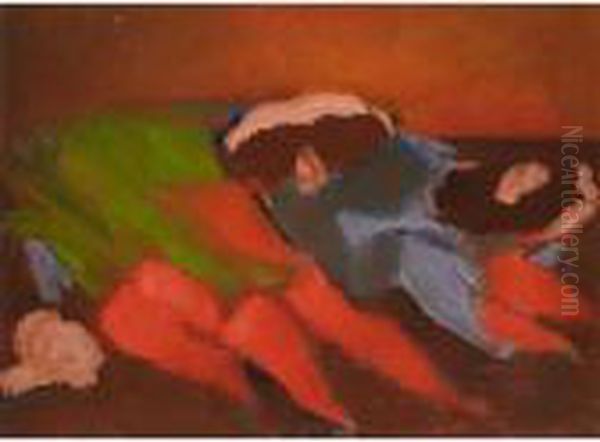 Still Life With Mushrooms, Carrots And Green Cloth Oil Painting by Bernard Meninsky