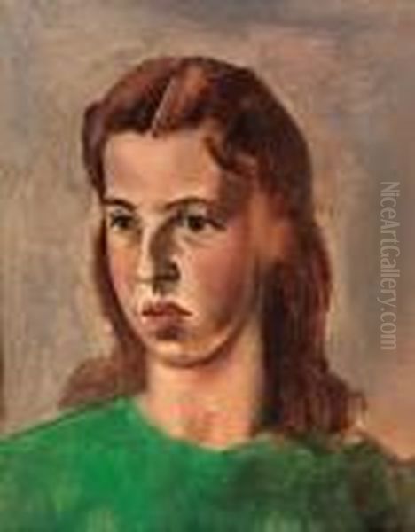 Girl In A Green Dress Oil Painting by Bernard Meninsky