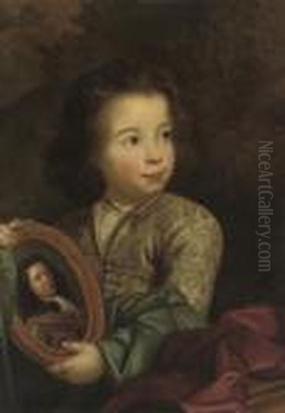 Portrait Of A Young Boy, 
Half-length, In A Grey Silk Embroidered Coat And Blue Wrap, Holding A 
Portrait Of A Gentleman, In A Landscape Oil Painting by Philippe Mercier