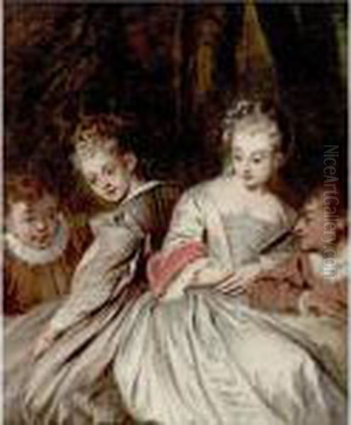 Elegant Couples Conversing In An Interior Oil Painting by Philippe Mercier