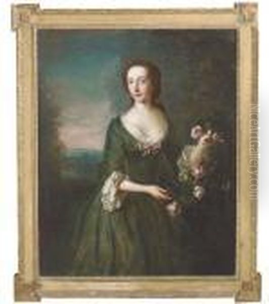 Portrait Of Mrs. Hamilton Gordon
 Of Newhailes, Three-quarterlength, In A Green Dress With White Fichu In
 A Landscape Oil Painting by Philippe Mercier