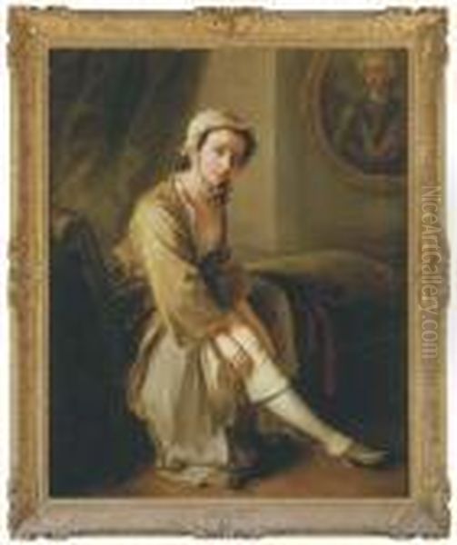 A Young Woman, In A Fawn Dress, 
Seated On A Chaise Longue In Aninterior, Removing Her Right Stocking, An
 Oval Portrait Of Agentleman, Traditionally Identified As The 'young 
Pretender', Onthe Wall Beyond Oil Painting by Philippe Mercier