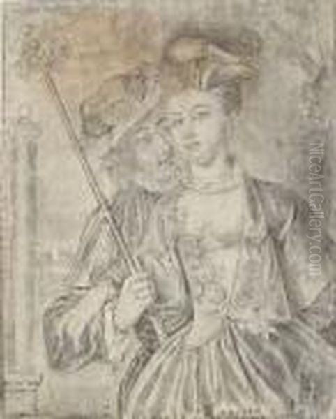 A Young Man Dressed As A Pilgrim
 To St. James Of Compostella Withan Elegantly Dressed Woman Oil Painting by Philippe Mercier