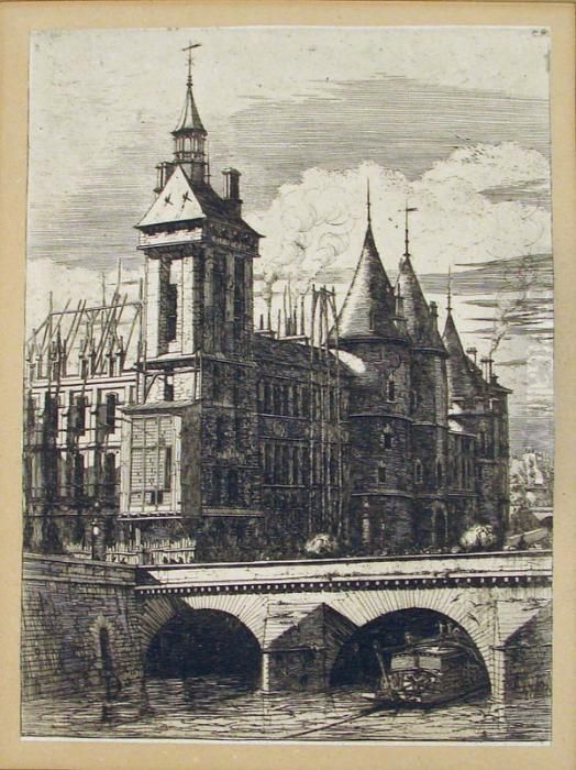 La Tour De L'horloge - La Pompe Notre -dame. Oil Painting by Charles Meryon