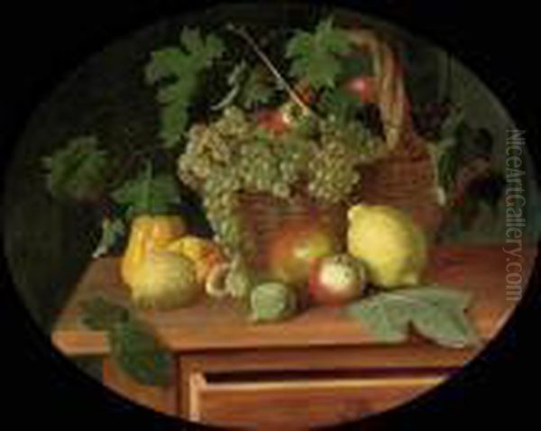 A Basket Of Apples And Grapes 
Surrounded By Peppers, Lemons, A Pomegranate And Figs On A Table Oil Painting by Michaelangelo Meucci