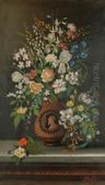 Impressive Still Lifes Of Roses,
 Fuchsias, Lilies, Daisies And Other Flowers In Etruscan Vases On Marble
 Topped Tables Oil Painting by Michaelangelo Meucci