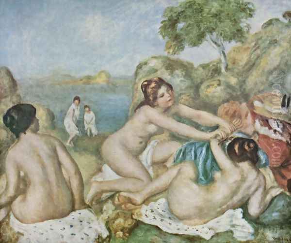 Three girls bathing with crab Oil Painting by Pierre Auguste Renoir