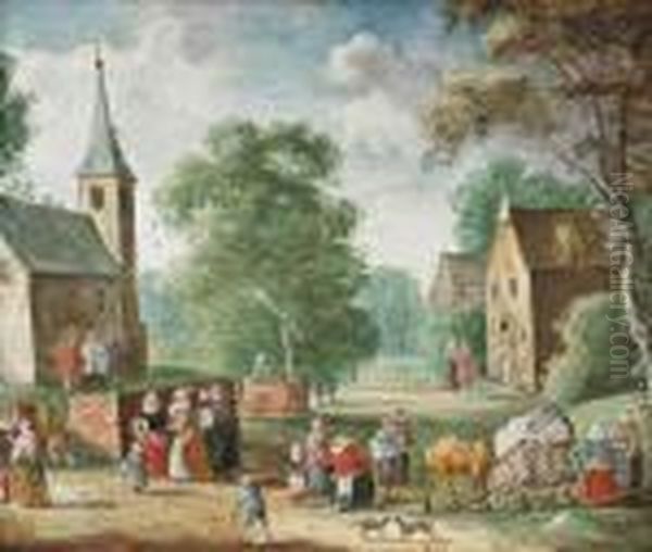 A Village Landscape With Elegant
 Company And Peasants On A Track, A Church, A Well And Houses Beyond Oil Painting by Theobald Michau