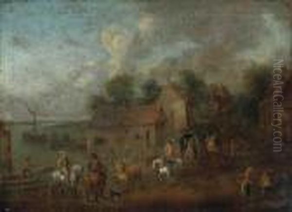 A Lakeside Village, With A 
Carriage And Mounted Figures On The Shore, A Wooded Landscape Beyond Oil Painting by Theobald Michau