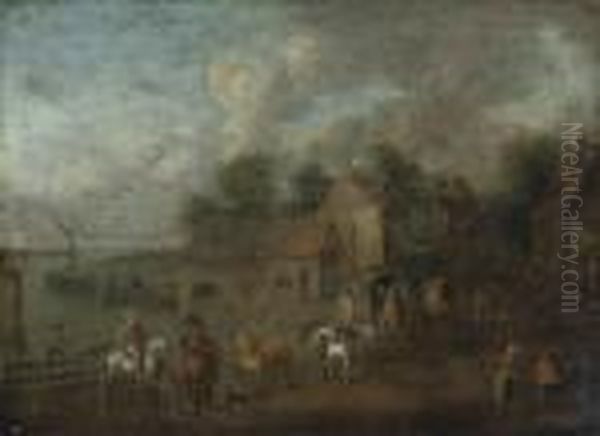 A Lakeside Village, With A 
Carriage And Mounted Figures On Theshore, A Wooded Landscape Beyond Oil Painting by Theobald Michau