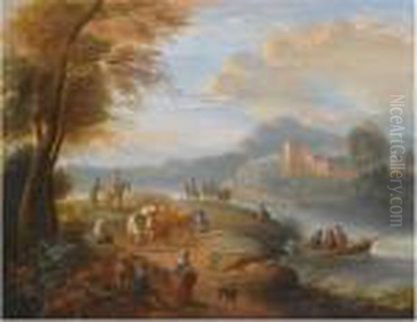 A River Landscape With 
Travellers, Fishermen In A Boat Along The River, A Castle In The 
Distance Oil Painting by Theobald Michau