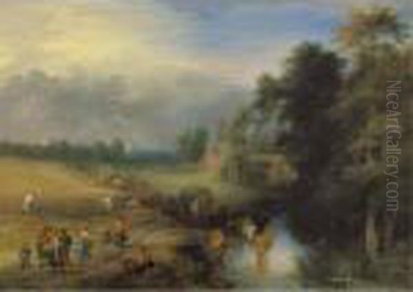 Landscape With Peasants 
Harvesting The Crop And A Herdsman Watering His Cows In A Passing Stream Oil Painting by Theobald Michau