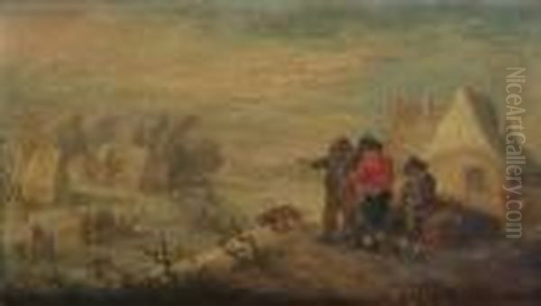 Winter: Peasants Discoursing 
Outside A Cottage With A Frozen River And Village Beyond; And Autumn: 
Peasants Gathering And Treading Grapes Outside A Cottage Oil Painting by Theobald Michau