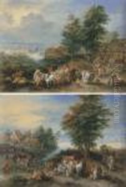 A Village Landscape With 
Peasants Merrymaking Outside An Inn Andfording The River On A Cart; And A
 River Landscape With Peasantsunloading A Cart And Herdsmen With Cattle 
By A Bridge Outside Avillage Oil Painting by Theobald Michau