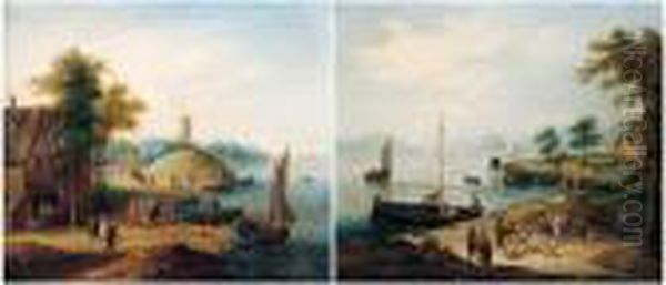 A Coastal Landscape With Fishing
 Boats Before A House And A Windmill Beyond; A Coastal Landscape With 
Fishermen Selling Their Catch Oil Painting by Theobald Michau