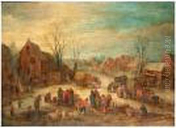 A Crowded Village Scene Oil Painting by Theobald Michau