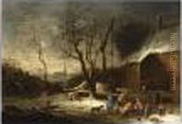 A Winter Landscape With Peasants
 Chopping Wood And Slaughtering A Pig Near A Well, A Farm Nearby Oil Painting by Theobald Michau