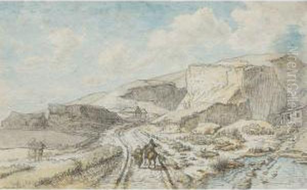Travelers In A Rocky Landscape 
And Horses Pulling A Wagon In Arocky Landscape: A Double-sided Drawing Oil Painting by Georges Michel