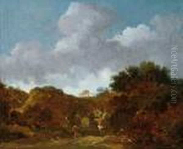 Bewaldete Landschaft Mit Einer 
Uberfallenen Wagenkolonne. Ol Auf Leinwand (doubliert). H 36,8; B 45 Cm. Oil Painting by Georges Michel