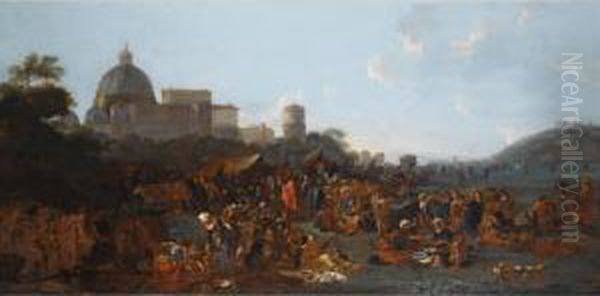 Figures Feasting At A Fair In 
Prati, Outside The Walls Of Rome, With The Basilica Di San Pietro And 
Monte Mario Beyond Oil Painting by Jan Miel