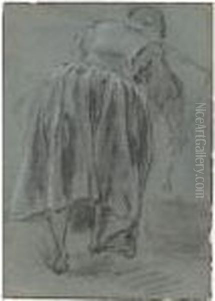 Four Figure Studies: A Woman 
Sweeping Steps; A Seated Man Using A Hammer Whilst Smoking A Pipe, A 
Woman Attaching A Pail To A Yoke Resting On Her Shoulders, And A Woman 
Bending To The Right, Seen From Behind Oil Painting by Jan Miel