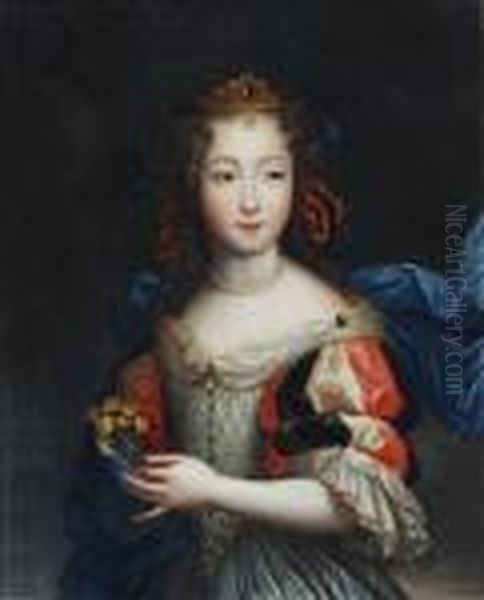 Portrait Of A Young Woman, Half Length, Holding A Posy Oil Painting by Pierre Mignard