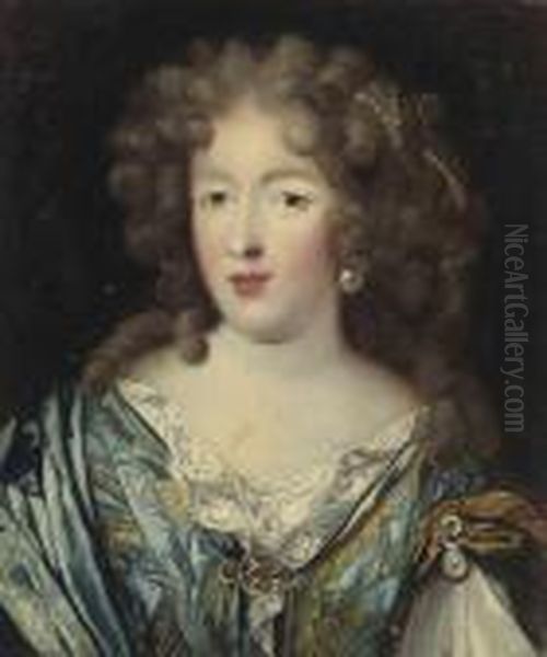 Portrait Of A Lady, Bust-length, In A Blue And Gold Dress, With
Pearl Ornaments In Her Hair Oil Painting by Pierre Mignard