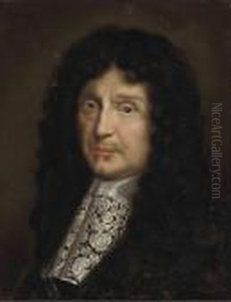 Portrait Of Jean-baptiste 
Antoine Colbert, Marquis De Seignelay,bust-length, In A Black Coat, With
 Lace Cravat Oil Painting by Pierre Mignard