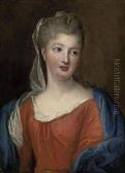 Portrait Of A Lady, Half-length, In A Red Dress With A Blueshawl Oil Painting by Pierre Mignard