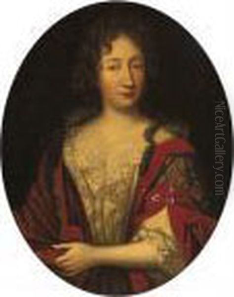 Portrait Of A Lady, Bust-length, In A Red Velvet And Lace Dress Oil Painting by Pierre Mignard