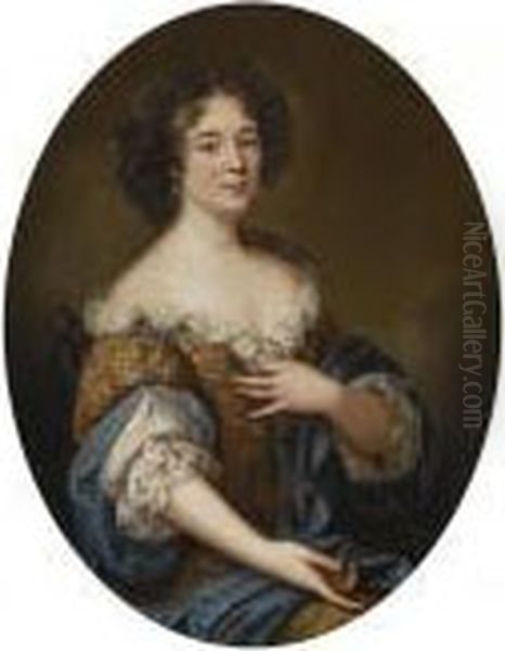 Portrait Of A Lady, Possibly 
Maria Mancini (1639-1715), Seatedhalf-length, Wearing A Richly 
Embroidered Dress And A Blueshawl Oil Painting by Pierre Mignard