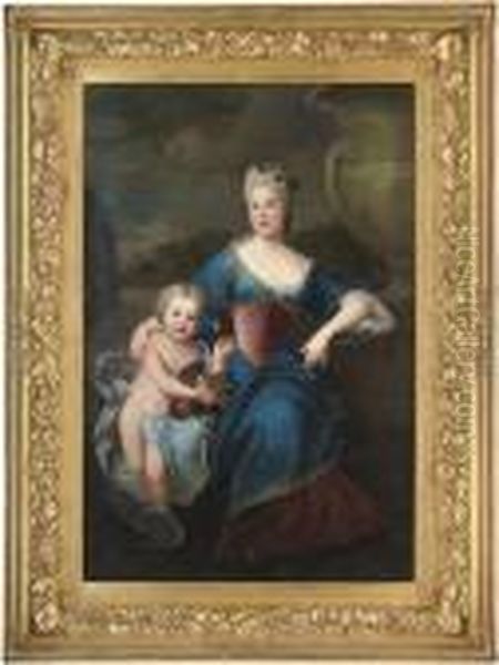 Portrait Of A Lady Traditionally
 Identified As Madame De La Force,dressed As Flora, 
Three-quarter-length, With A Child As Aputto Oil Painting by Pierre Mignard