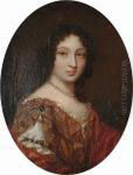 Portrait Of A Lady, Half-length, In A Gold Dress, A Red Wrap And A Pearl Necklace Oil Painting by Pierre Mignard