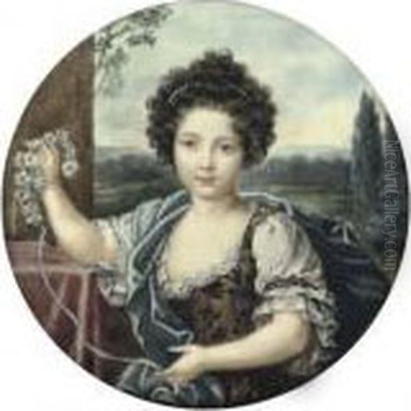 Louise-marie De Bourbon, 
Mademoiselle De Tours, Duchesse D'orlaans (1674-1681), Holding A Crown 
Of Daisies; Landscape Background Oil Painting by Pierre Mignard