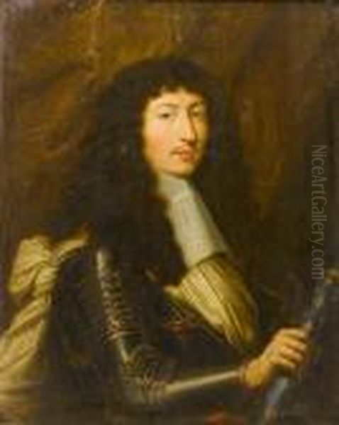 A Portrait Of King Louis Xiv, Half-length, In Armour And Holding A Marshall's Baton Oil Painting by Pierre Mignard