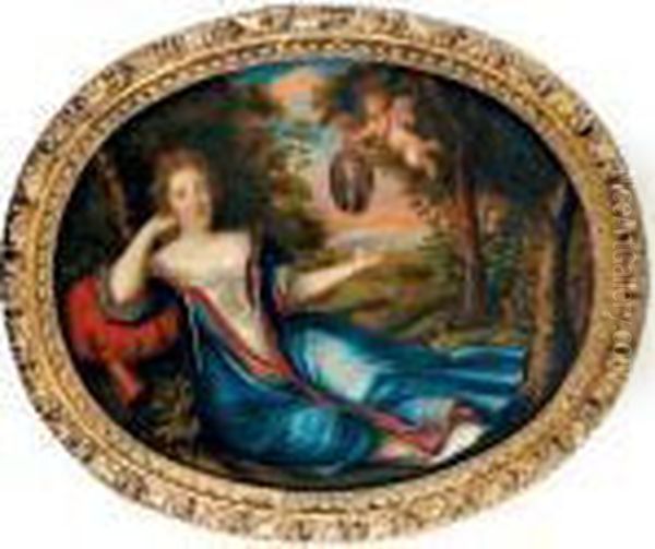 Portrait D'homme Montre Par Un Putto A Une Jeune Femme Dans Un Paysage Oil Painting by Pierre Mignard