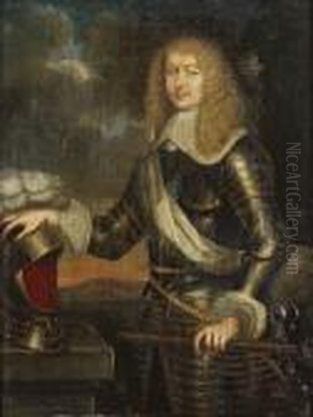 Portrait Of An Officer, Said To 
Be Francois Emmanuel De Bonne De Crequy, Duc De Lesdiguieres, Marechal 
Of France, Standing Small Three-quarter-length, Wearing Armour, A Baton
 In His Left Hand And His Right Resting On A Helmet Oil Painting by Pierre Mignard