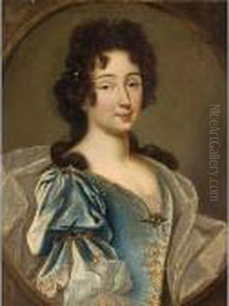 A Portrait Of A Lady, Said To Be
 Princess De Conti(?), Half Length, Wearing A Blue Dress With Golden 
Embroidery And A Silver Cloak, In A Painted Oval Oil Painting by Pierre Mignard