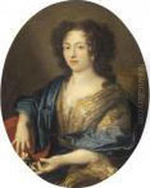 Lady Half Length Wearing A 
Richly Embroidered Dress And A Blue Shawl And 
Holding A Flower Oil Painting by Pierre Mignard