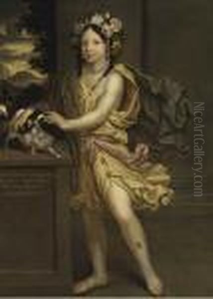 Portrait Of Princess Electrice 
Of Brandenberg, Standingfull-length, Dressed As Flora, With A Spaniel On
 A Ledge To Theside, And An Extensive Landscape Beyond Oil Painting by Pierre Mignard