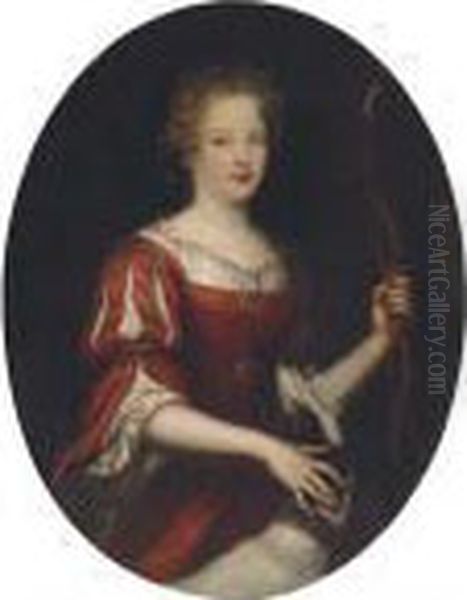 Portrait Of A Lady As Diana, Three-quarter Length, In A Reddress Oil Painting by Pierre Mignard