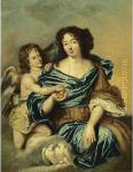A Portrait Of A Lady As Venus, 
Seated Three-quarter Length, Wearing A Blue Satin Dress With A Gold And 
White Shawl, Holding Paris's Apple, Together With Cupid And Two Doves In
 The Foreground Oil Painting by Pierre Mignard