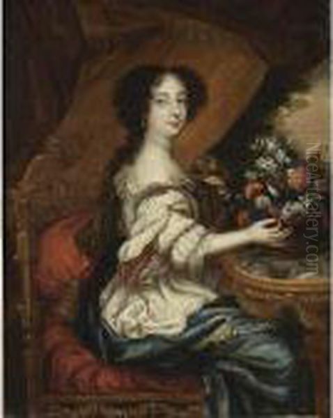 A Portrait Of A Lady, Seated 
Three-quarter Lenght, Wearing A White Dress With A Blue Shawl And 
Holding A Basket Of Flowers Oil Painting by Pierre Mignard