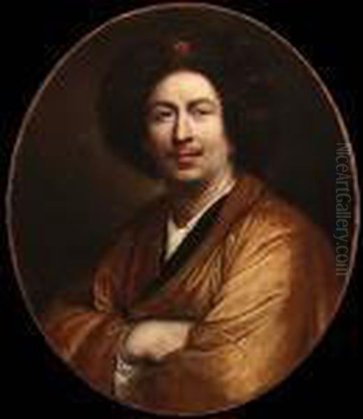 Portrait Of A Gentleman, 
Half-length With A Fur-trimmed Hat, A Gold Satin Coat And A White Cravat Oil Painting by Pierre Mignard