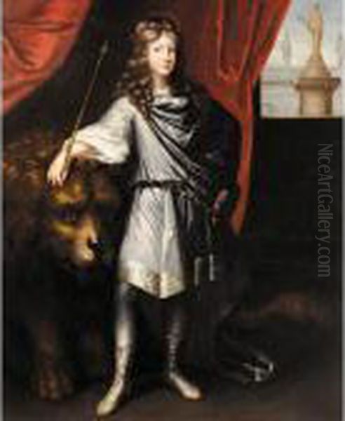 Portrait Of A Young Man, Full-length, Dressed As An Emperor With A Lion By His Side Oil Painting by Pierre Mignard
