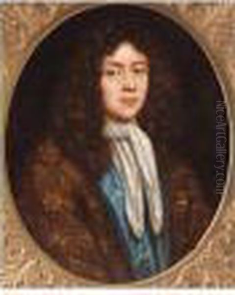 Portrait Of A Gentleman, Half Length, Wearing An Embroidered Maroon Gown Oil Painting by Pierre Mignard