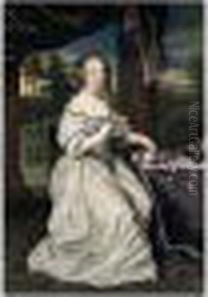 Portrait Of A Young Lady, 
Full-length Seated, Wearing An Ivory And Blue Dress, Holding A Garland 
Of Flowers, Set Within A Portico Oil Painting by Pierre Mignard