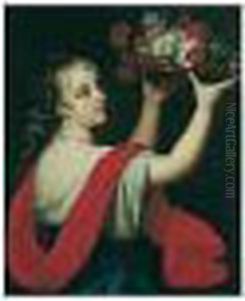 A Portrait Of A Young Lady, Half Length, Holding Up A Basket Of Flowers Oil Painting by Pierre Mignard